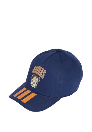 Berretto blu navy con scritta arancione "ADIDAS", illustrazione di Topolino che indossa un berretto e tre strisce arancioni sulla visiera.