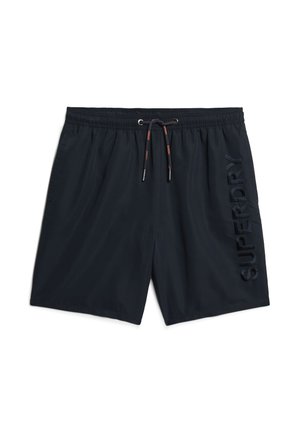 Czarne kąpielówki z elastycznym paskiem w talii i sznurkiem. Posiadają logo "SUPERDRY" w teksturowanym, tonalnym wykończeniu z boku.