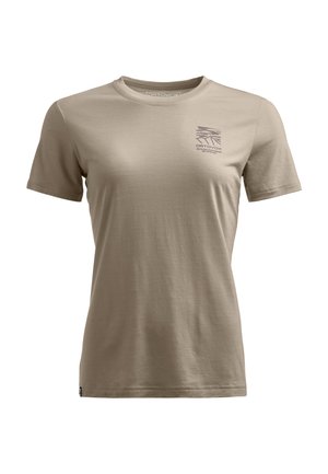Beige short-sleeve t-shirt, made of soft fabric. Features a small purple logo on the left chest area. Regular fit with a crew neck.