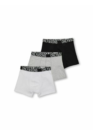 Three pairs of boxers: white, grey, and black. Each has a black waistband with white "ONLY&SONS" logo. Soft cotton material, fitted design.