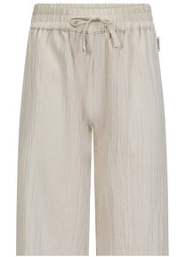 Lichtbeige, tekstuurlijke, wijde broek met een elastische tailleband en trekkoord. Heeft een gekreukt stoffenpatroon voor extra detail.