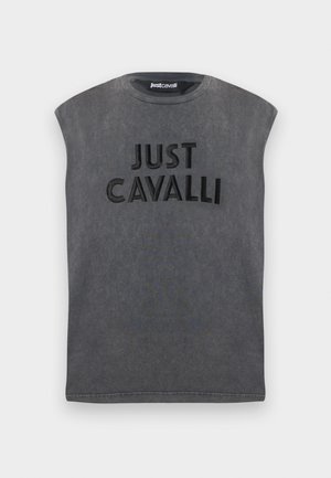 Bezrekawnikowa czarna koszulka z efektem prania, z wyściełanymi ramionami, z wypukłym napisem „JUST CAVALLI” na przodzie.