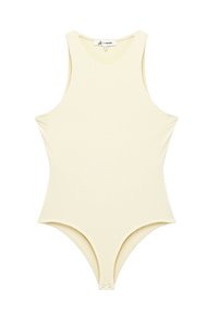 Lys gul bodysuit med ærmeløs design, glat tekstur, høj hals og tryklås nederst.