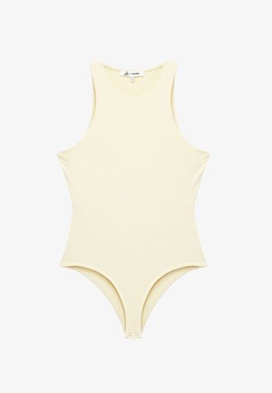 Vaaleankeltainen bodysuit, jossa on olkaimeton muotoilu, sileä pinta, korkea kaula-aukko ja nappikiinnitys alaosassa.