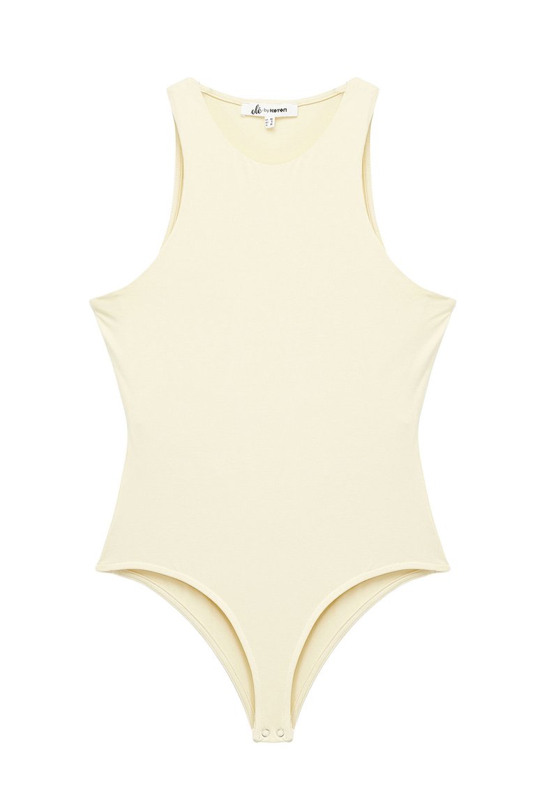 Lys gul bodysuit med ærmeløs design, glat tekstur, høj hals og tryklås nederst.