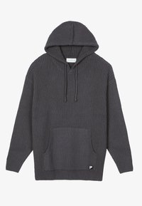 Dunkelgrauer Strick-Hoodie mit gerippter Textur, langen Ärmeln, Kordelzugkapuze und Fronttasche. Verfügt über ein kleines Markenlabel am Saum.