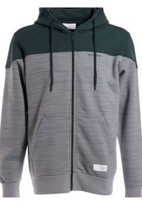 Męska bluza z zamkiem błyskawicznym, z ciemnozielonym górnym panelem, szarym dolnym ciałem i rękawami z cienkimi poziomymi paskami, z przednimi kieszeniami i sznurkiem do regulacji.