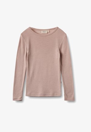 Chemise à manches longues de couleur rose pâle, fabriquée en tissu doux. Elle présente un col ras du cou et un design simple sans motifs ni embellissements.