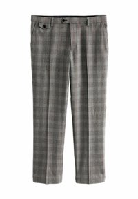 Grau karierte Hosen mit einem Karomuster, zwei Fronttaschen und Knopfverschlüssen. Aus einem Stoff mit glatter Textur gefertigt.