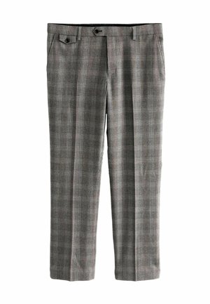 Grau karierte Hosen mit einem Karomuster, zwei Fronttaschen und Knopfverschlüssen. Aus einem Stoff mit glatter Textur gefertigt.