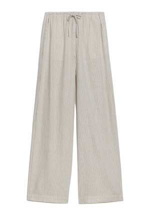 Wijde broek in lichtbeige met dunne verticale strepen. Voorzien van een elastische tailleband en trekkoord, gemaakt van zacht, lichtgewicht stof.
