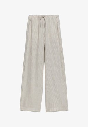 Wide-leg trousers in light beige with thin vertical stripes. Features an elastic waistband and drawstring, made from soft, lightweight fabric.