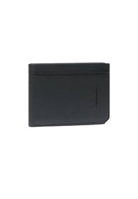 Tarjetero de cuero negro con textura suave, forma rectangular y un diseño minimalista que presenta un logo sutil en un lateral.