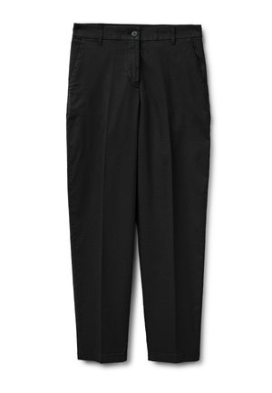 Czarne spodnie o prostych nogawkach z szlufkami na pasek, guzikiem z przodu, zamkiem błyskawicznym i bocznymi kieszeniami, pokazane na płasko na białym tle.