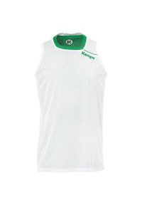 Canotta sportiva bianca in rete con colletto verde a contrasto. Logo "Kempa" in verde sul davanti. Design senza maniche per una migliore ventilazione.