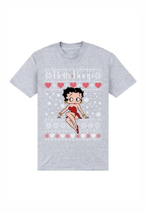 Grå kortærmet t-shirt med et grafisk motiv af Betty Boop i et rødt outfit, omgivet af hvide snefnug og røde hjerter.