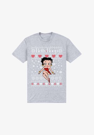 T-shirt grigio a maniche corte con una grafica di Betty Boop in un vestito rosso, circondata da fiocchi di neve bianchi e cuori rossi.