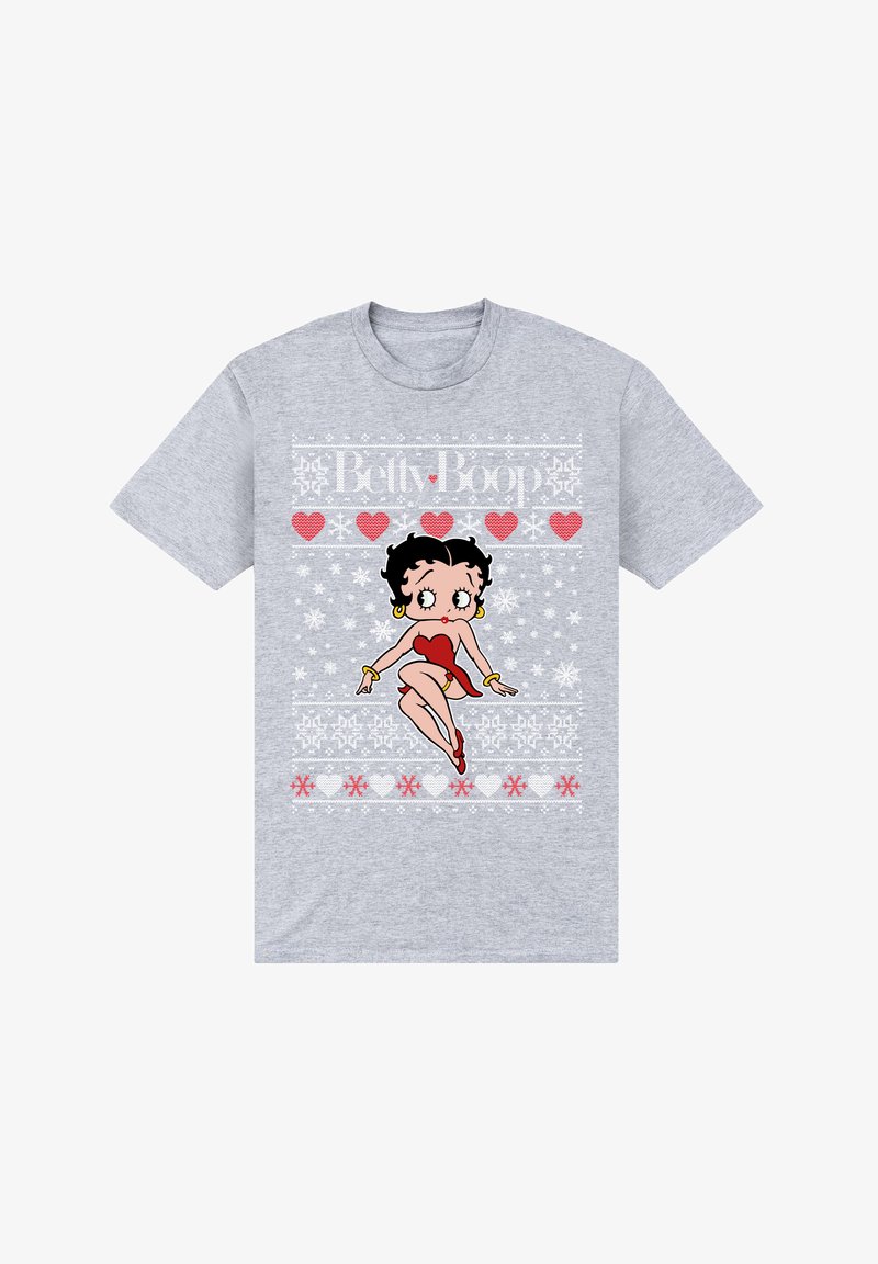 Szara koszulka z krótkim rękawem z grafiką Betty Boop w czerwonym stroju, otoczoną białymi płatkami śniegu i czerwonymi serduszkami.