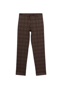 Pantalons à carreaux marron avec une coupe ajustée, une texture lisse, et une ceinture dotée d'une fermeture à bouton. Les motifs comprennent de fines lignes rouges et beiges.