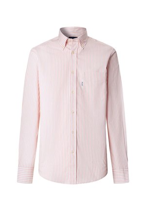 Rosa-weiß gestreiftes, langärmeliges Hemd mit Knopfleiste, ausgestattet mit einem spitzen Kragen, einer einzigen Brusttasche und klassischen Knöpfen. Weiche Stoffstruktur.
