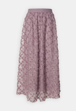 Long lilac skirt made of sheer fabric with a floral embroidery pattern, featuring a soft waistband and a flowing silhouette.