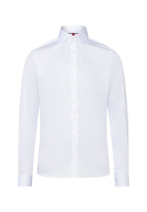 White long-sleeve shirt made from smooth fabric, featuring a classic collar, a full button front, and buttoned cuffs, with a tailored fit.