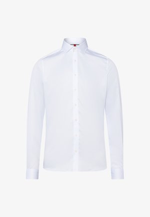 Weißes Langarmhemd aus glattem Stoff, mit klassischem Kragen, durchgehendem Knopfverschluss und Knopfärmeln, in taillierter Passform.