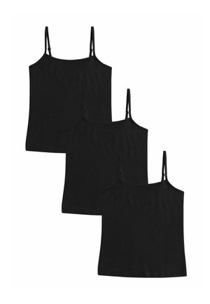 Drie zwarte tanktops met verstelbare spaghettibandjes en een zachte, gladde textuur. Elke top varieert in maat en is in aflopende volgorde gestapeld.