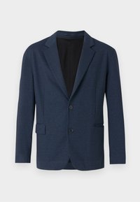 Marineblå blazer laget av teksturert stoff, med en enkelt knapping, lapels med notches, to frontlommer og to knapper.