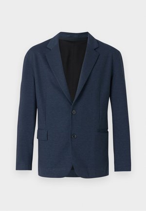 Navyblazer aus strukturiertem Stoff, mit einem einreihigen Design, Reverskragen, zwei Fronttaschen und zwei Knöpfen.