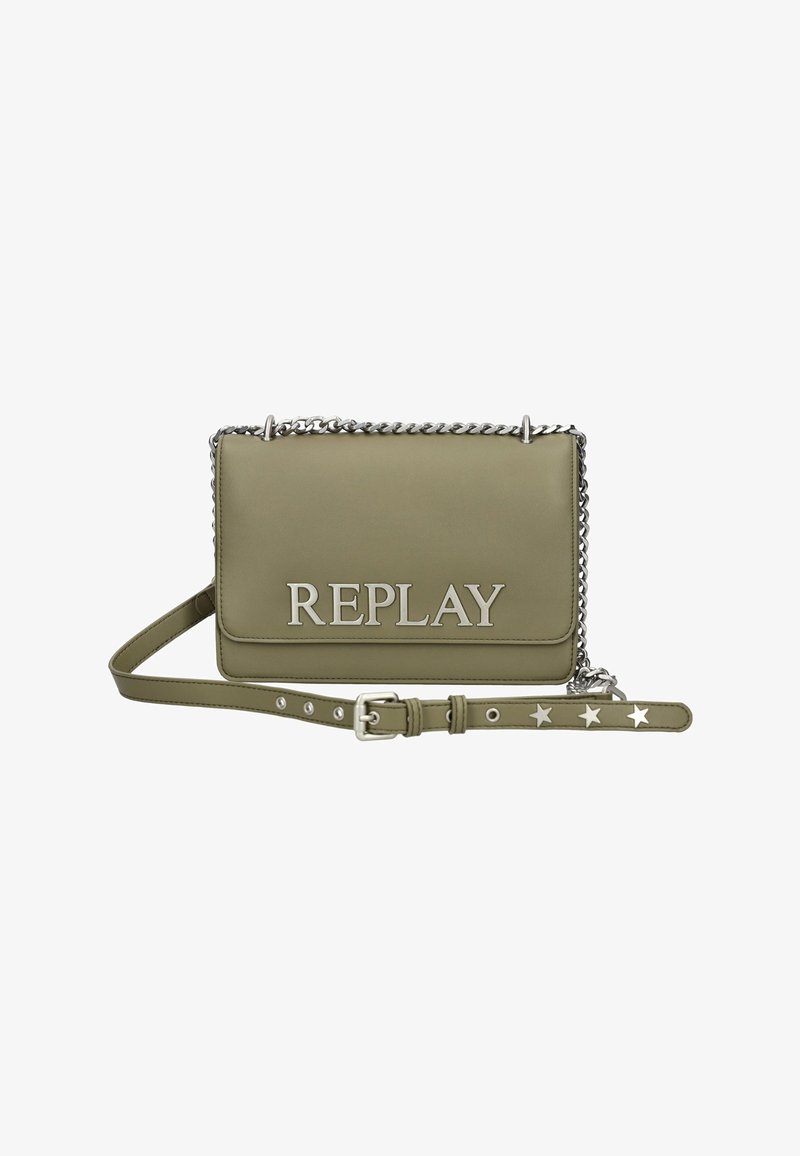 Borsa a tracolla in pelle sintetica verde oliva con catena argentata, caratterizzata dalla scritta "REPLAY" in rilievo e una cintura a motivo stellato.