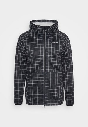 Veste noire à capuche avec motif à grille blanche, fermeture éclair intégrale à l'avant, poches latérales et logo "Burton" sur la poitrine gauche.