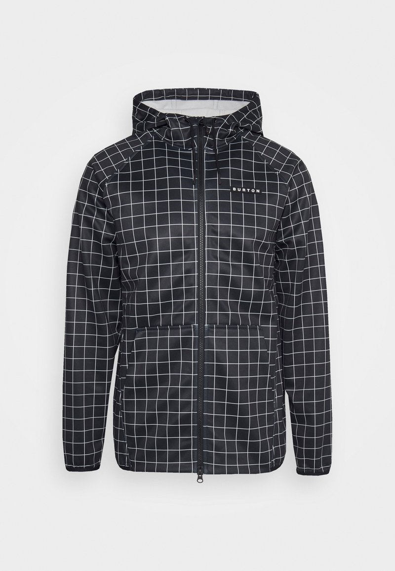 Veste noire à capuche avec motif à grille blanche, fermeture éclair intégrale à l'avant, poches latérales et logo "Burton" sur la poitrine gauche.