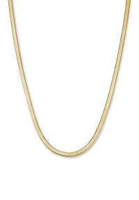 Collar de tono dorado con un diseño de malla plana y flexible. La textura suave y el brillo sutil y uniforme realzan su apariencia contemporánea y elegante.