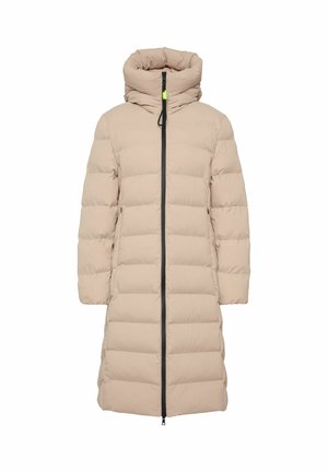 Long beige puffer coat with a high collar, zip front, and horizontal baffle design. Features a black zipper and adjustable drawstring.