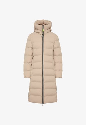 Long beige puffer coat with a high collar, zip front, and horizontal baffle design. Features a black zipper and adjustable drawstring.