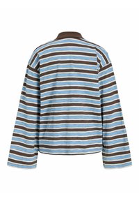 Striped shirt featuring a collar, long sleeves, and a relaxed fit. Colors include brown, light blue, and white in horizontal stripes.