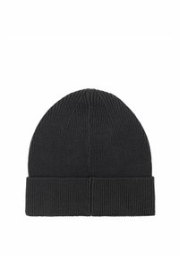 Czarna dziergana czapka beanie z ryżowym splotem, z podwiniętym mankietem i symetrycznym kształtem czubka. Idealna na zimne dni.