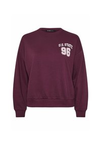 Felpa bordeaux con collo a giro, maniche lunghe, polsini e orlo a costine, con testo bianco "U.S. STATE 96" sul davanti.