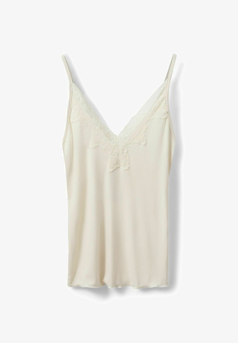 Cream ribbed camisole with lace trim along the V-neckline and thin shoulder straps on a white background.