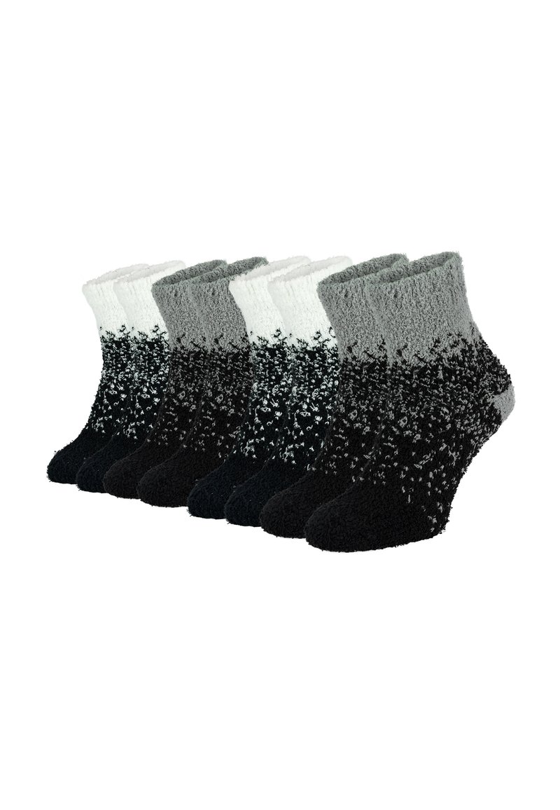 Fünf Paare flauschige Knöchelsocken mit einem Verlaufdesign, das von Schwarz nach Weiß übergeht, mit einer weichen Textur und gerippten Bündchen.