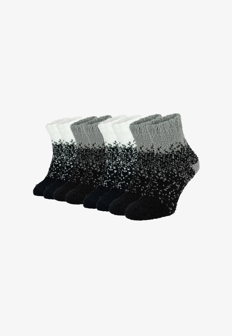Fünf Paare flauschige Knöchelsocken mit einem Verlaufdesign, das von Schwarz nach Weiß übergeht, mit einer weichen Textur und gerippten Bündchen.