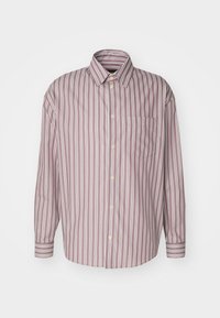 Camicia a maniche lunghe con colletto in malva con righe verticali bianche. Presenta una chiusura con bottoni e una tasca sul petto sinistro. Tessuto morbido.