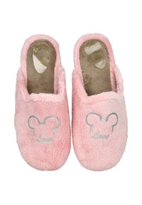 Par de suaves zapatillas de felpa rosa con contorno de orejas de oso plateadas y la palabra "Love" en la parte superior, plantillas acolchadas en color beige.