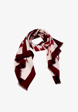 Vinrød og cremefarvet tørklæde med geometrisk mønster og træmotiver, med frynsede kanter og letvægtsstof.
