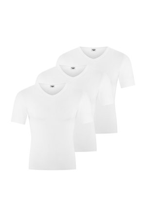 Drei schlichte weiße V-Ausschnitt-T-Shirts mit kurzen Ärmeln, die überlappend auf einem weißen Hintergrund angeordnet sind.