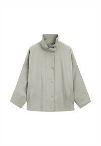 Light gray long-sleeve jacket with high collar and snap button closure, featuring a loose fit and side seam pockets.