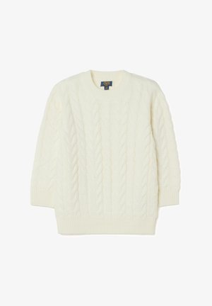 Maglione color crema a trecce con collo rotondo, maniche lunghe e polsini e orlo a costine. Tessuto liscio e motivo a maglia grossa.