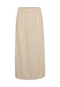 Jupe midi beige avec des lignes texturées verticales et une taille élastique, présentant une coupe droite et un tissu doux. Pas de poches.