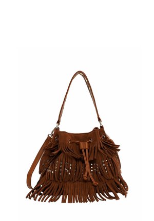 Brown suede handbag with fringe detailing, silver embellishments, drawstring closure, and a single shoulder strap.